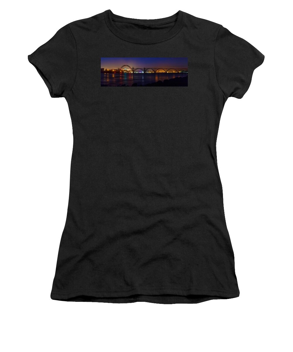 Yaquina Bay Women's T-Shirt featuring the photograph Yaquina Bay Bridge At Night by James Eddy