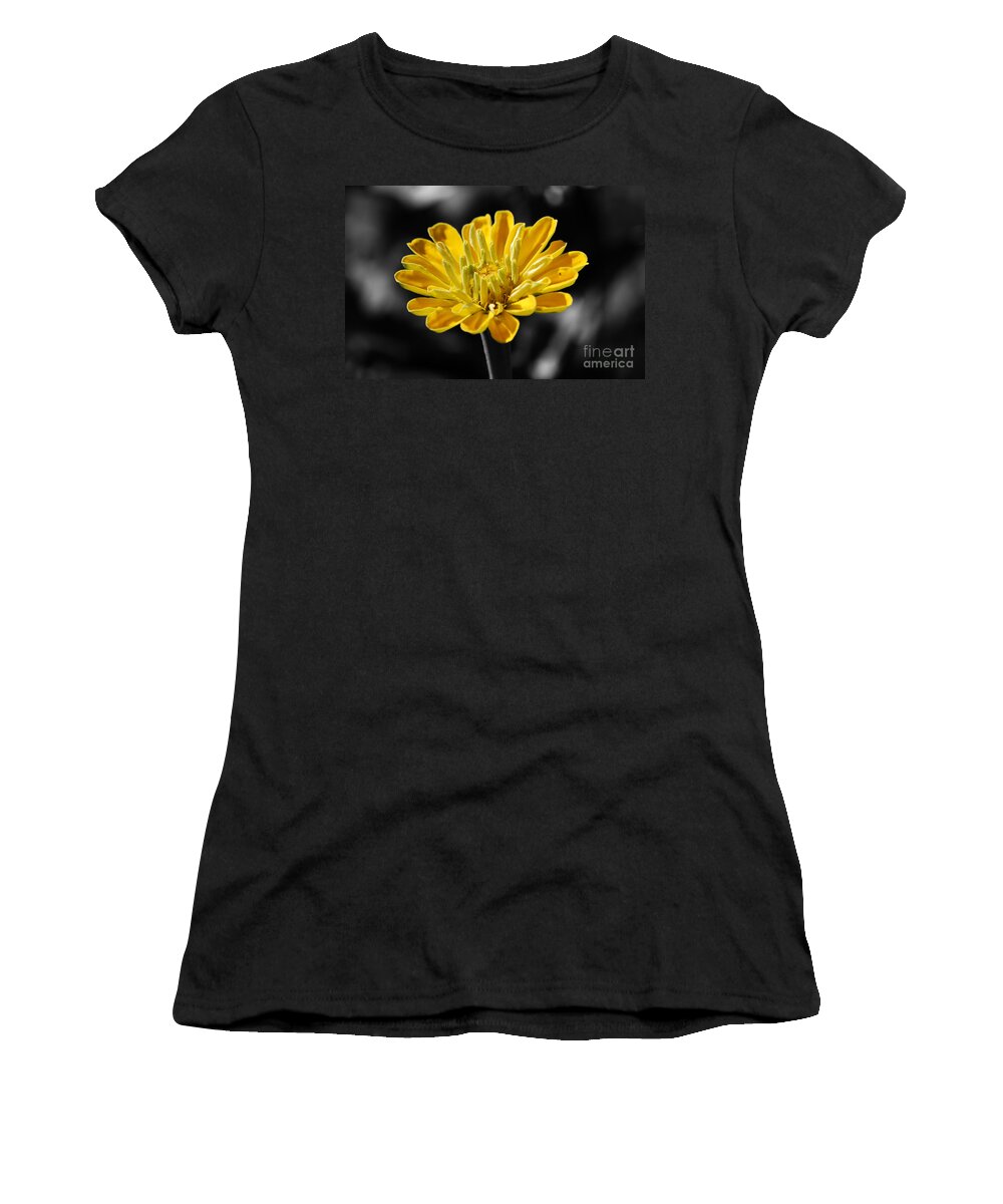 Zinnia Women's T-Shirt featuring the photograph Zinnia Yellow Flower Floral Decor Macro Color Splash Black and White Digital Art by Shawn O'Brien