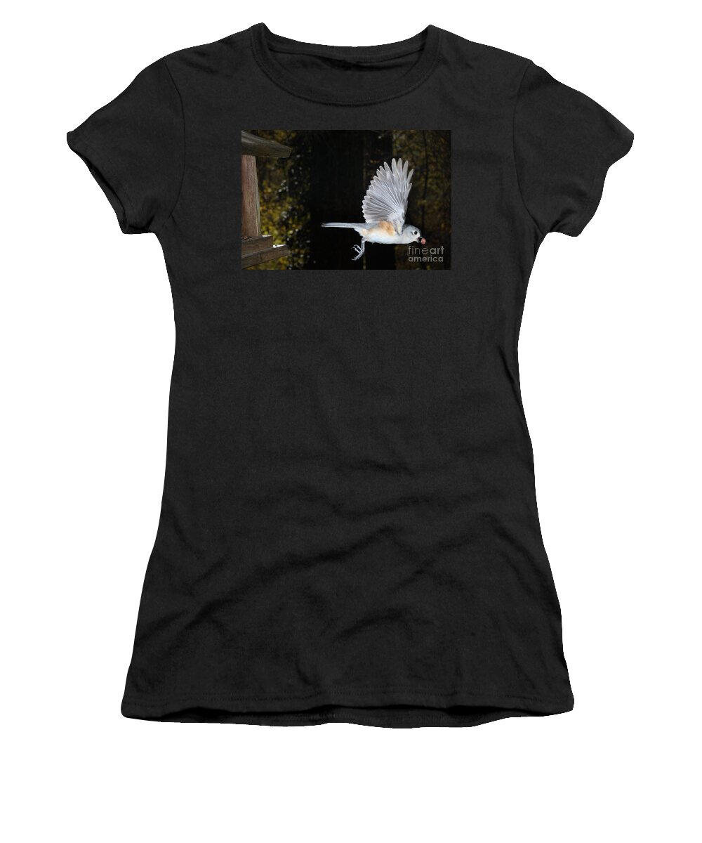 Tufted Titmouse Women's T-Shirt featuring the photograph Tufted Titmouse In Flight #7 by Ted Kinsman