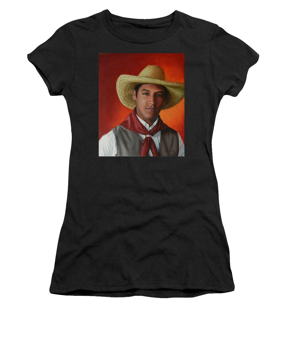 Portrait Women's T-Shirt featuring the painting A smile from the Andes, Peru Impression by Ningning Li