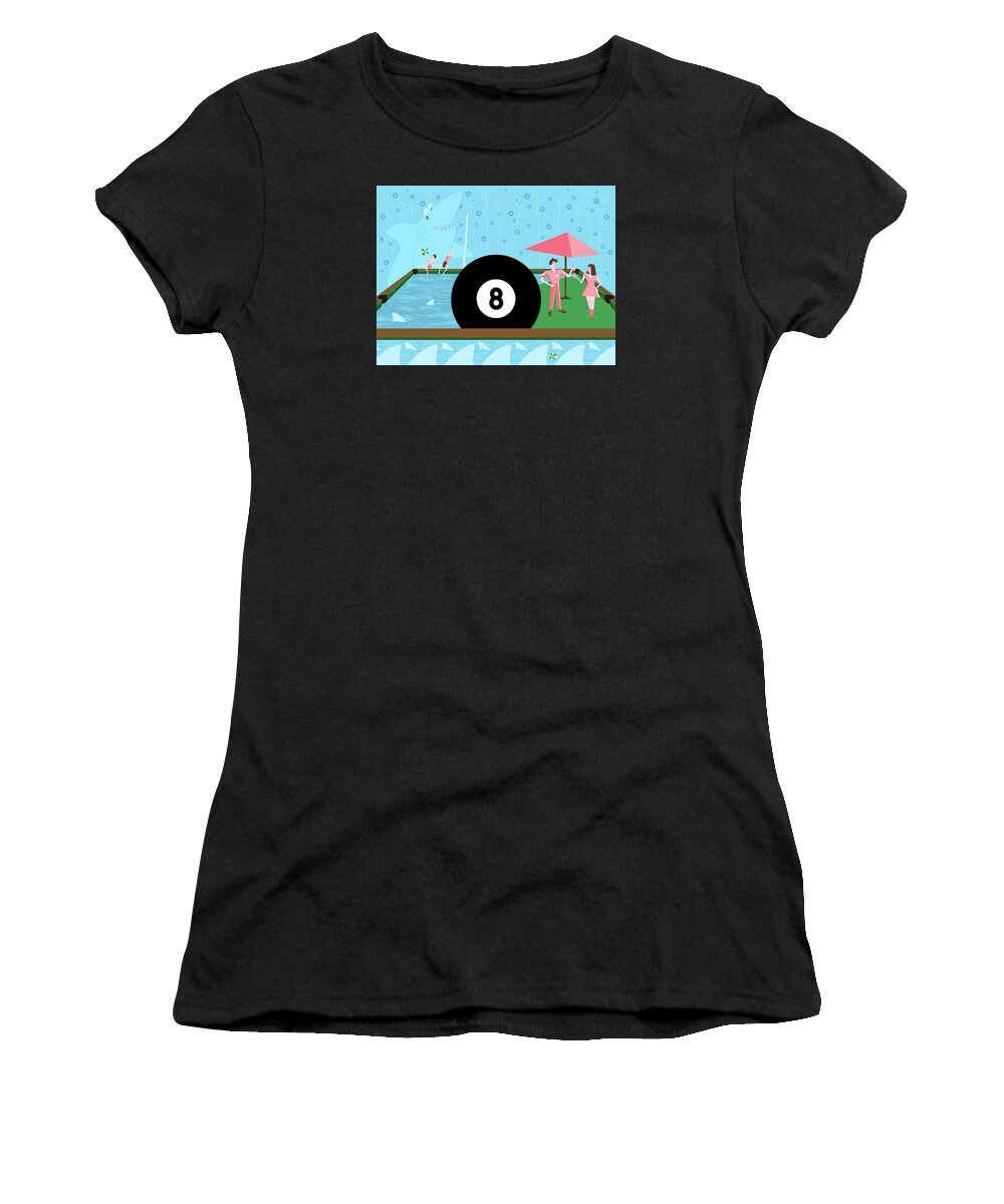 Pool Table Women's T-Shirt featuring the digital art Behind the Eight Ball by Alison Stein