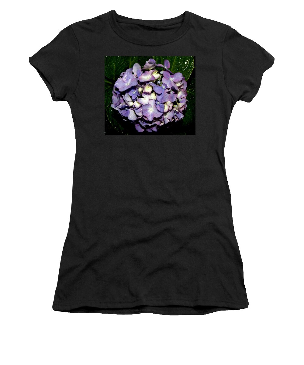 Blueish Women's T-Shirt featuring the photograph Blueish Purple Hydrangea At Nighfall by Kim Galluzzo