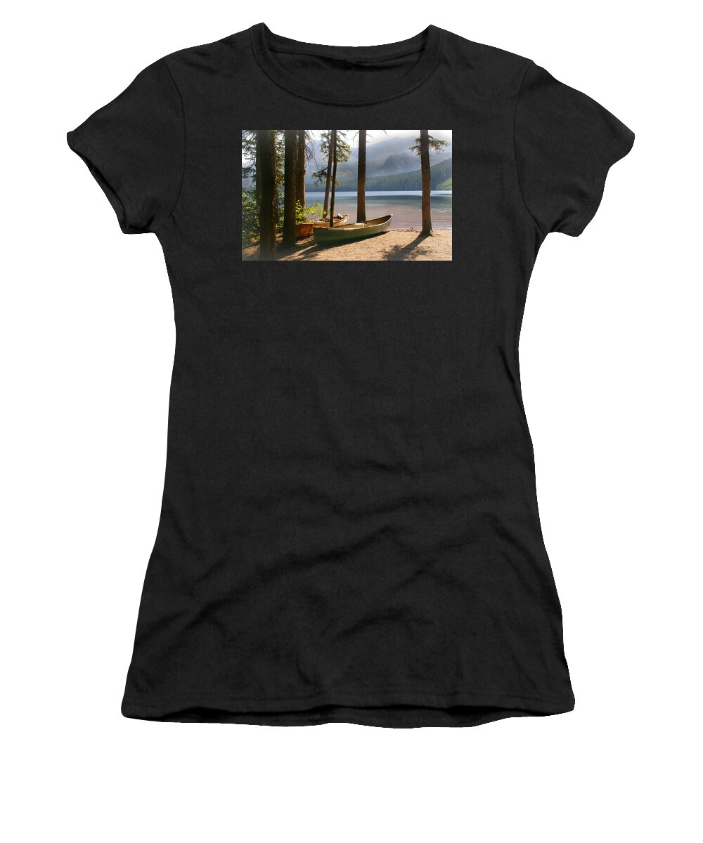 Glacier National Park Women's T-Shirt featuring the photograph Canoes At The Ready by Marty Koch