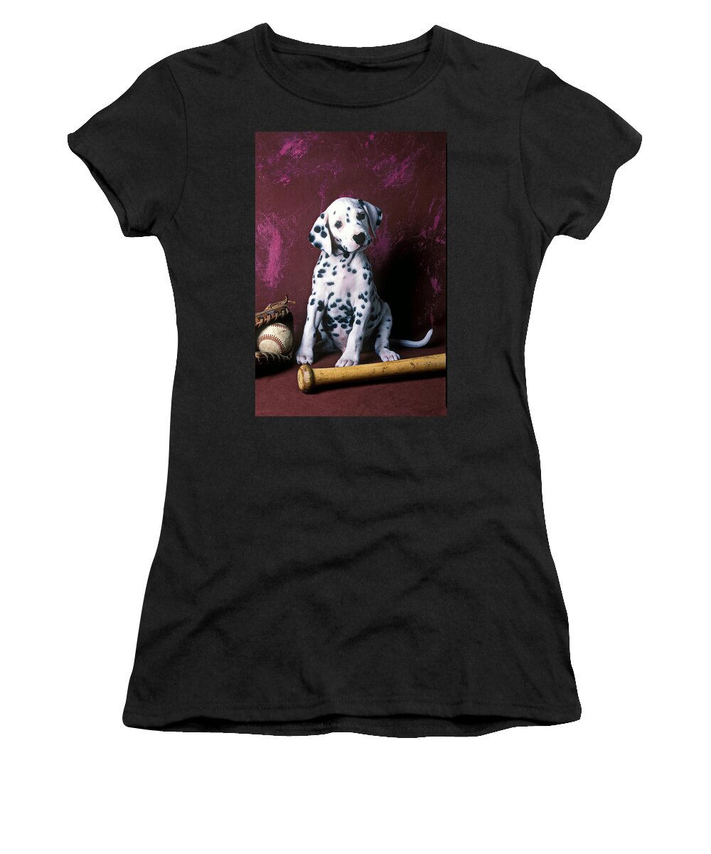 Dalmatian Puppies Women's T-Shirt featuring the photograph Dalmatian puppy with baseball by Garry Gay