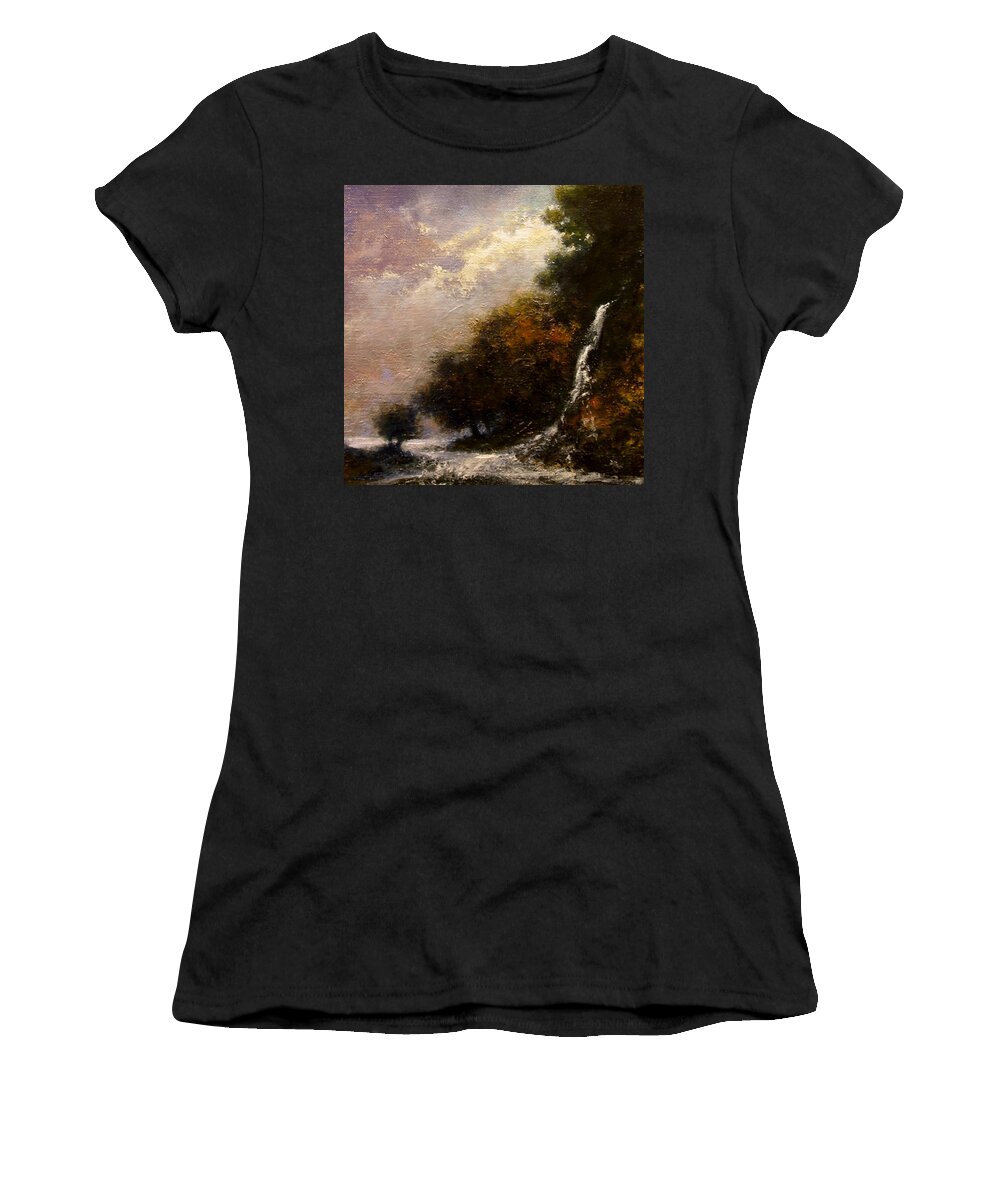 Landscape Women's T-Shirt featuring the painting Daybreak Falls by Jim Gola