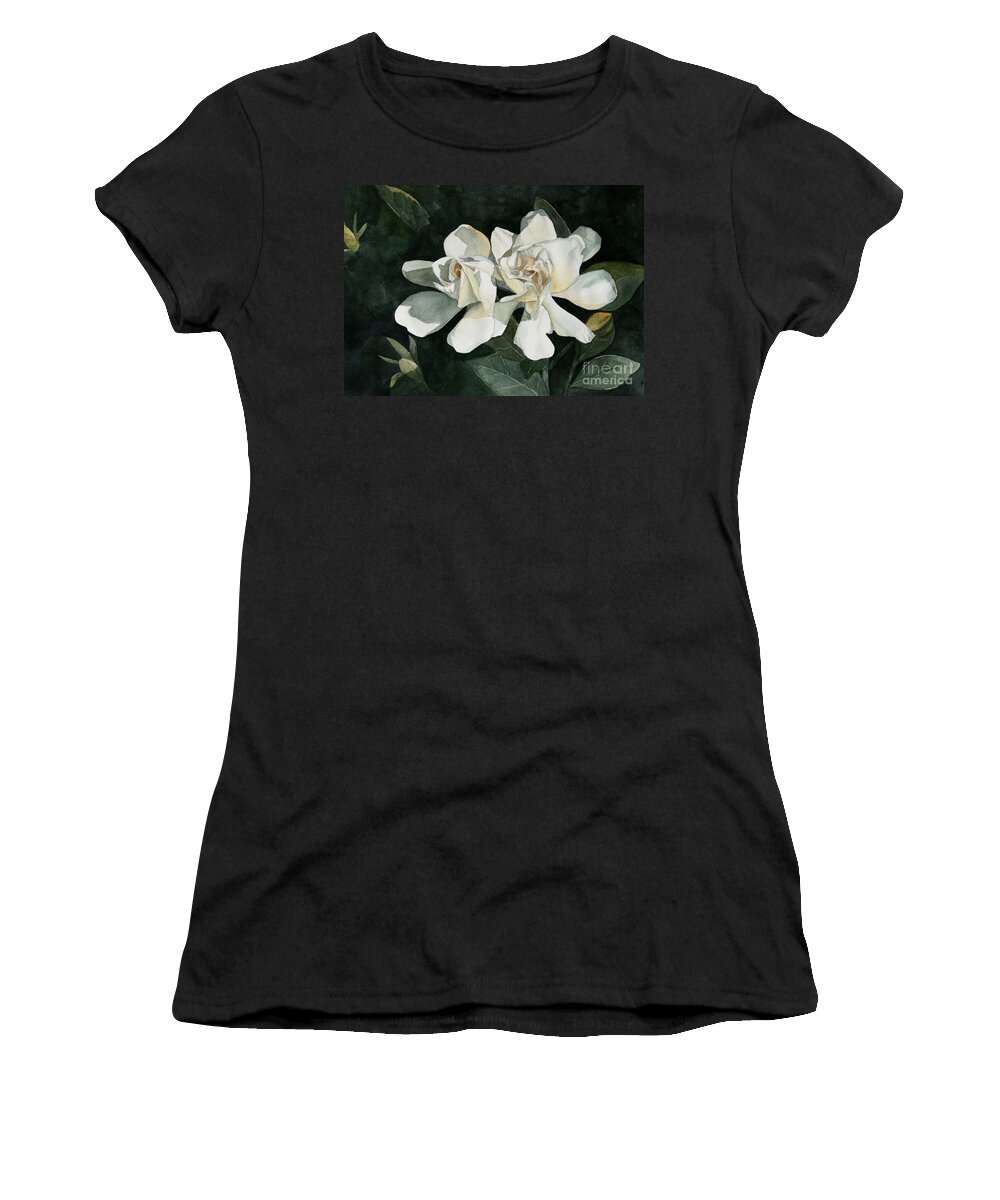 Flowers Women's T-Shirt featuring the painting Gardenia Duo 1 by Jan Lawnikanis