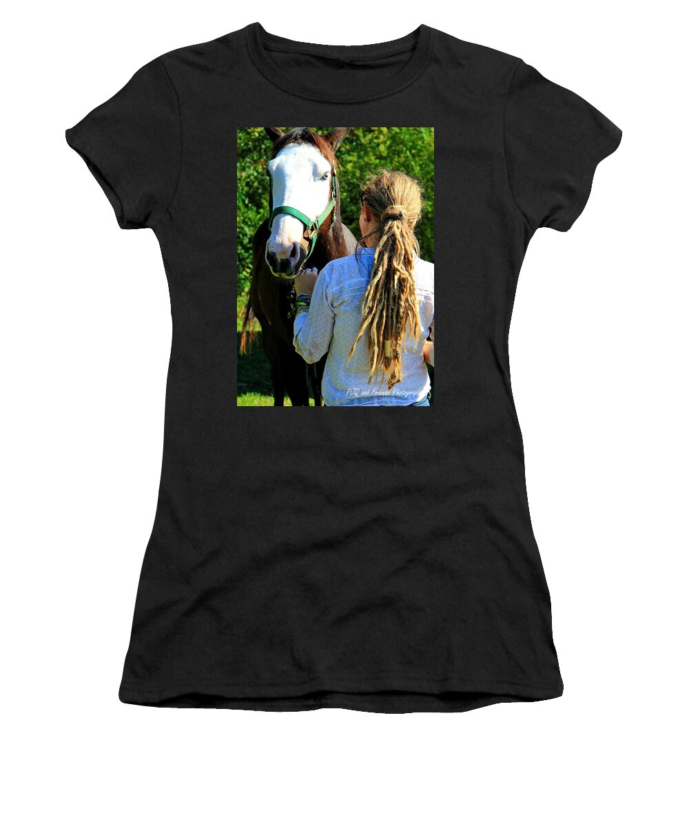  Women's T-Shirt featuring the photograph 'Ghostface and Golden Dreads' by PJQandFriends Photography