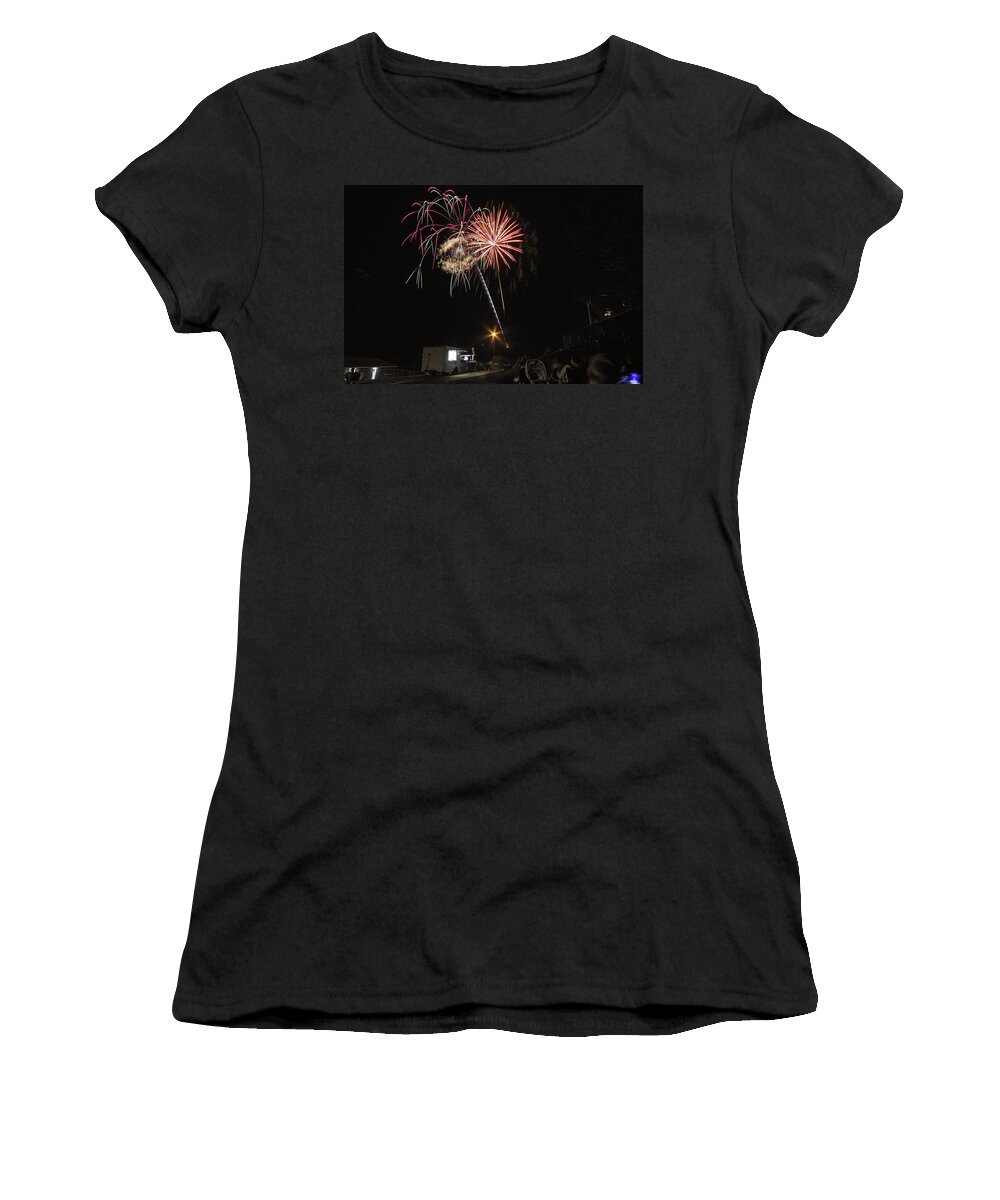 Fireworks Celebration America July 4th Independence Day Minnesota Concession Stand Sky Women's T-Shirt featuring the photograph July 4th 2012 by Tom Gort