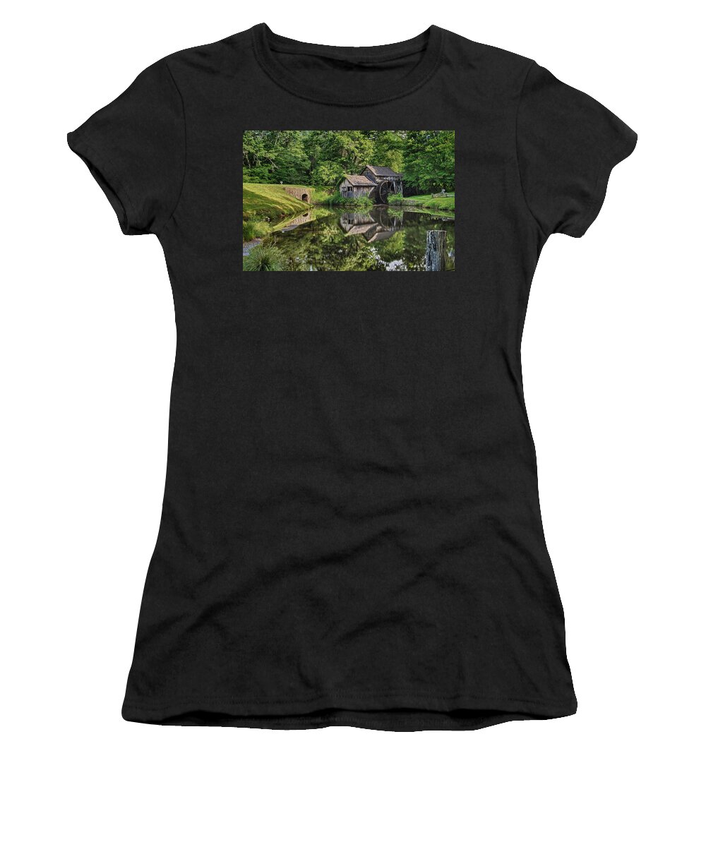 Blue Ridge Parkway Women's T-Shirt featuring the photograph Mabry Mill and Pond with Reflection by Lori Coleman
