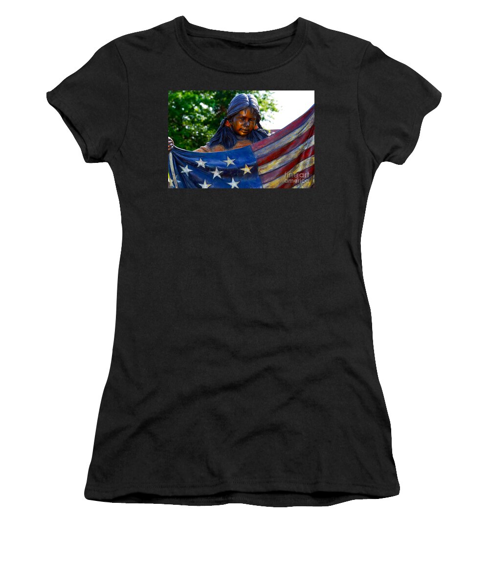 Native Women's T-Shirt featuring the photograph Native Girl American Flag by Susanne Van Hulst
