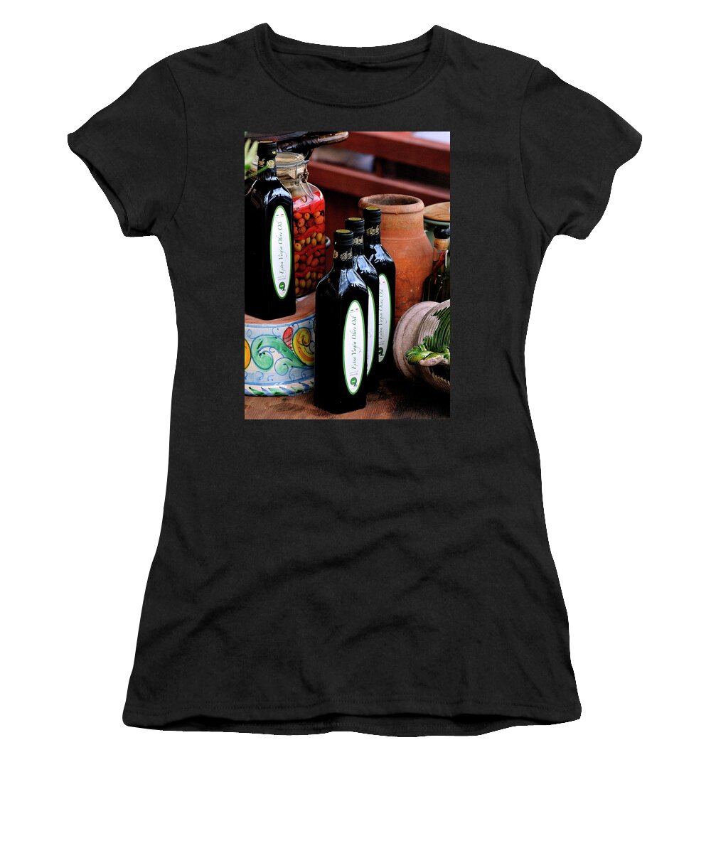 Still Women's T-Shirt featuring the photograph Olives and Olive Oil by Bill Dodsworth