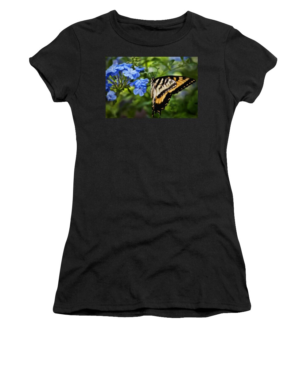 Plumbago Women's T-Shirt featuring the photograph Plumbago and Swallowtail by Steven Sparks