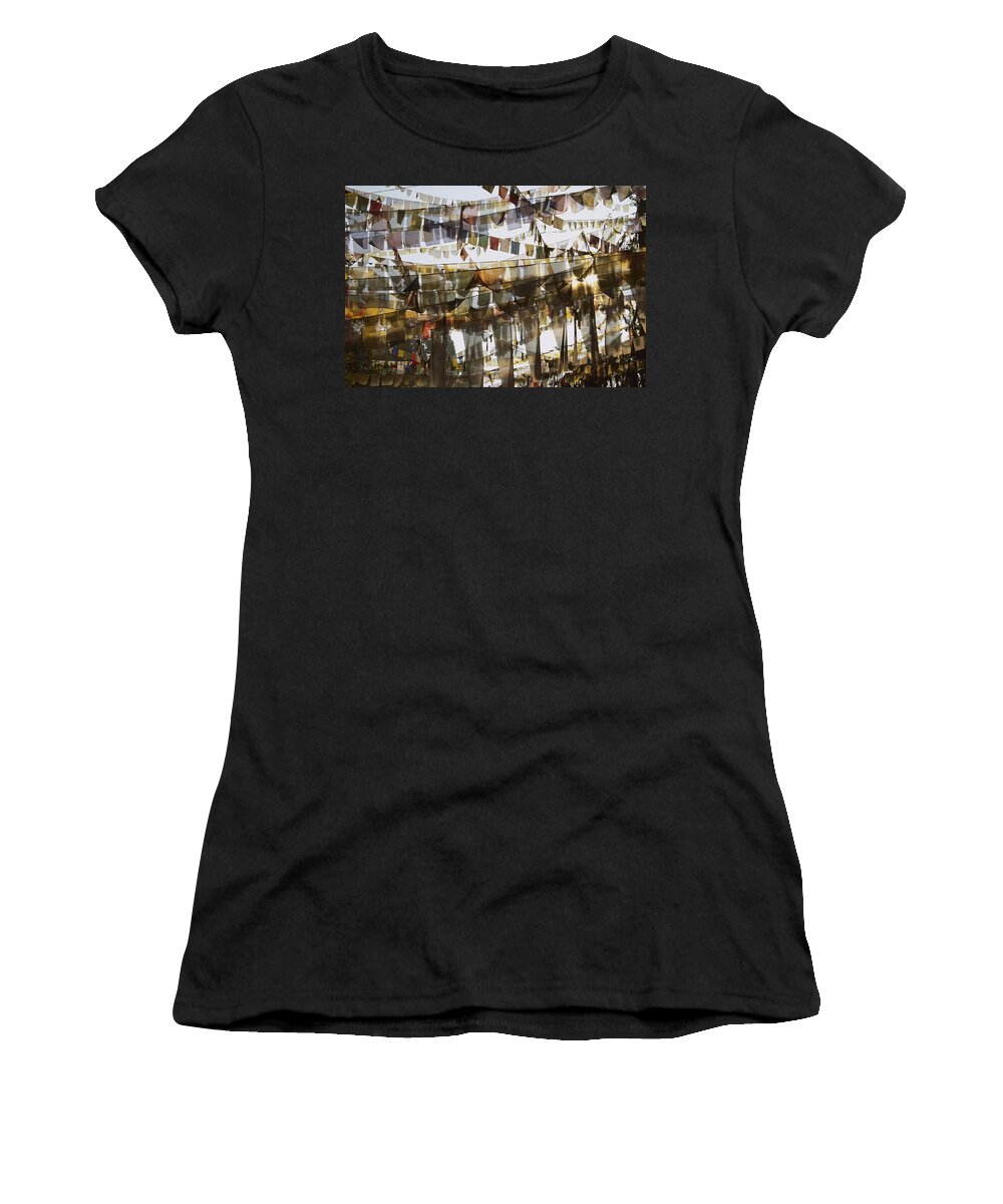 Hhh Women's T-Shirt featuring the photograph Prayer Flags At Dawn, Ganesh Top by Colin Monteath