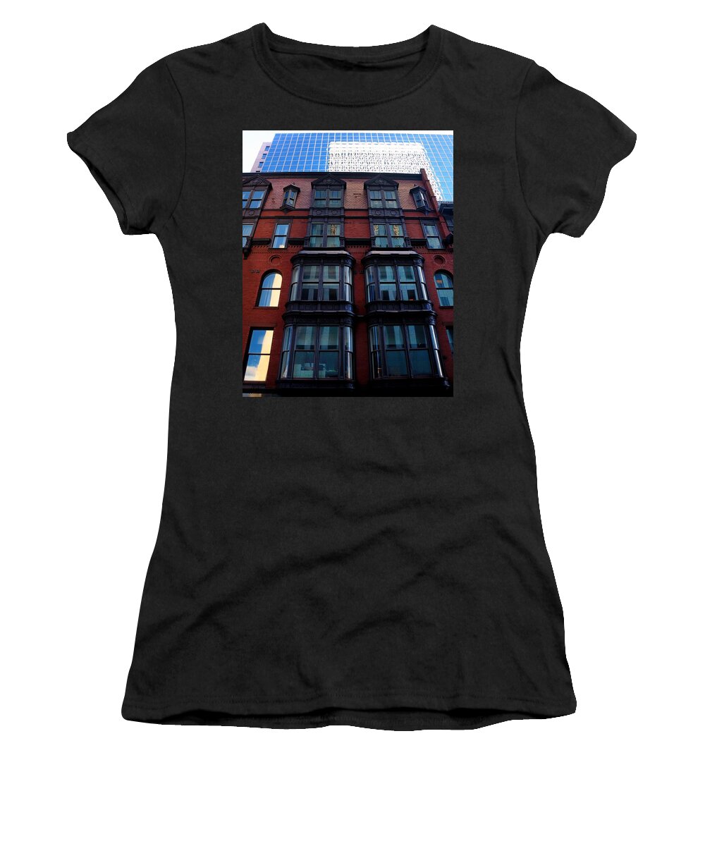  Women's T-Shirt featuring the photograph Providence Brick Glass Reflections by Mark Valentine
