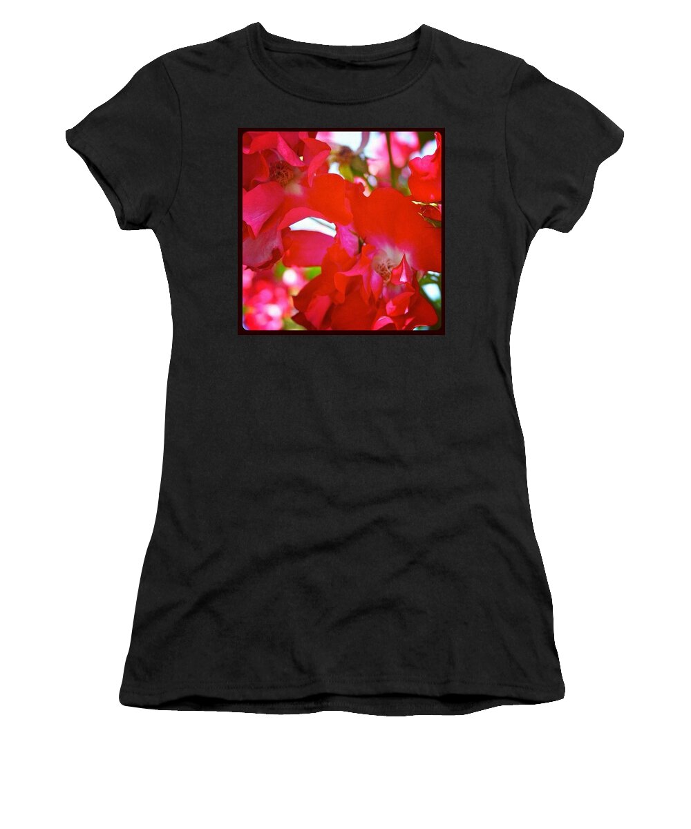 Floralstyles_gf Women's T-Shirt featuring the photograph #red #climbing_roses #flowers #roses by Anna Porter