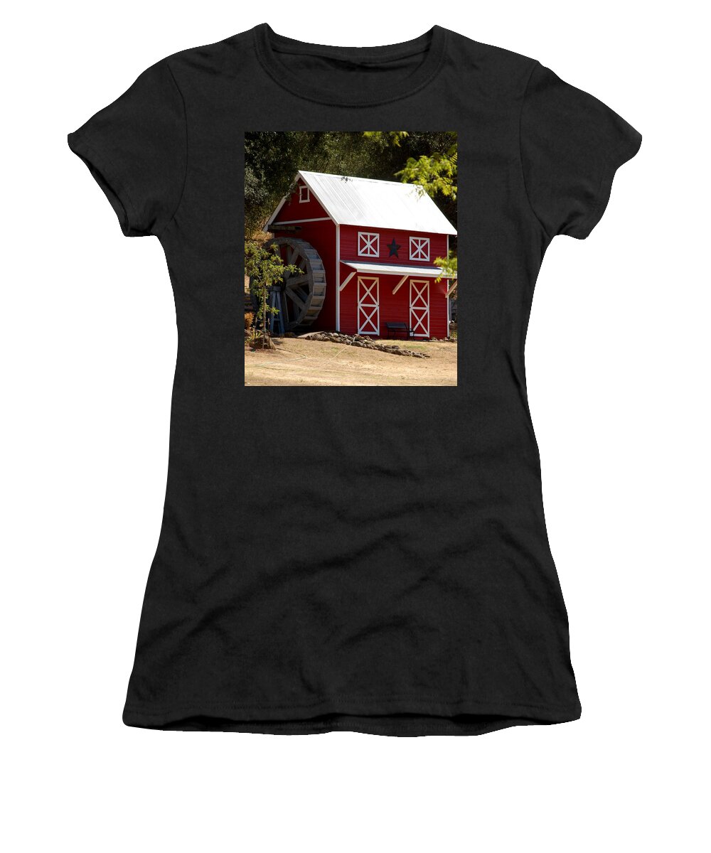 Red White Black Star Barn Water Wheel Bench Trees Honeyrun Ca Women's T-Shirt featuring the photograph Red Star Barn by Holly Blunkall