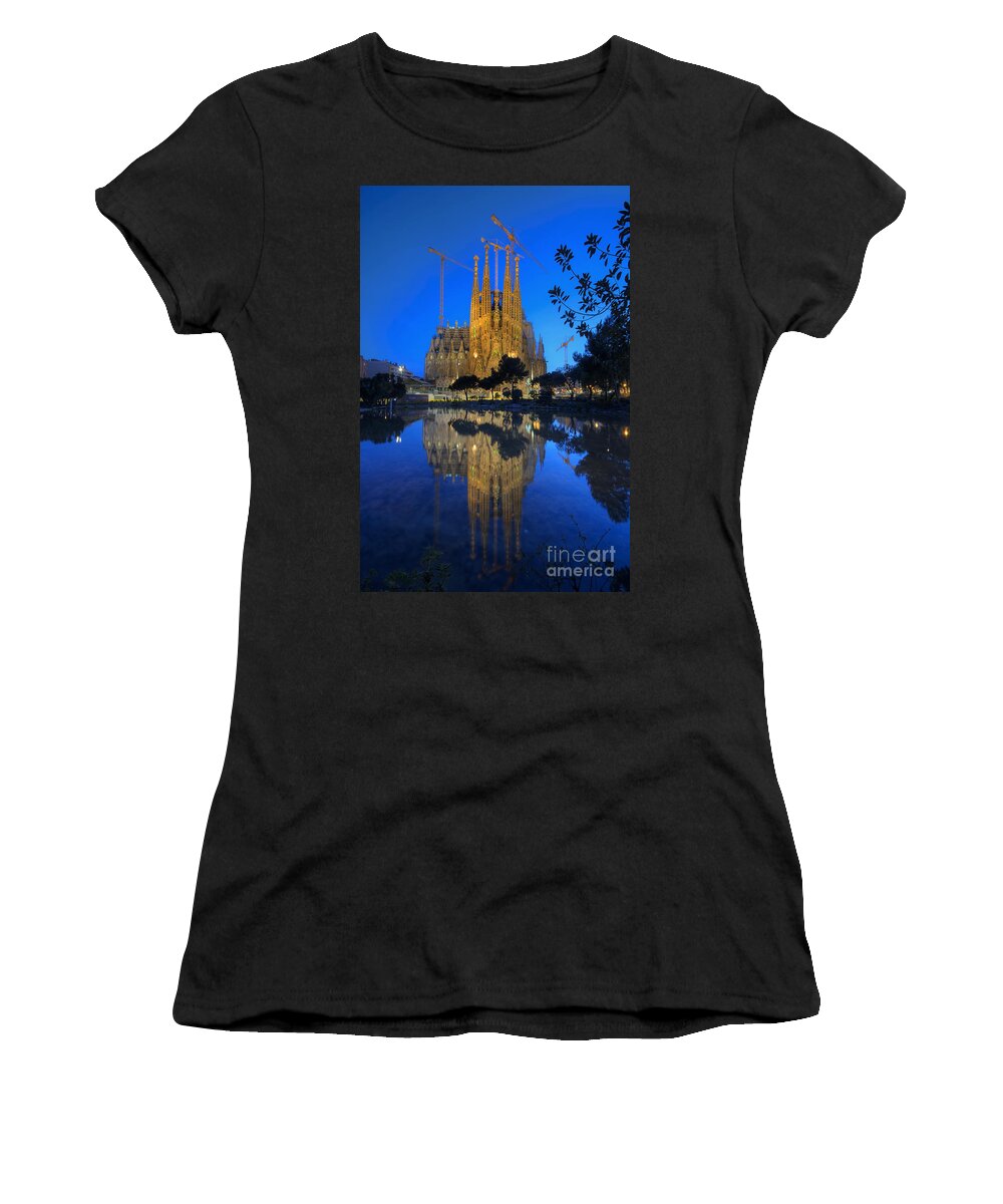 Yhun Suarez Women's T-Shirt featuring the photograph Sagrada Familia At Dusk by Yhun Suarez