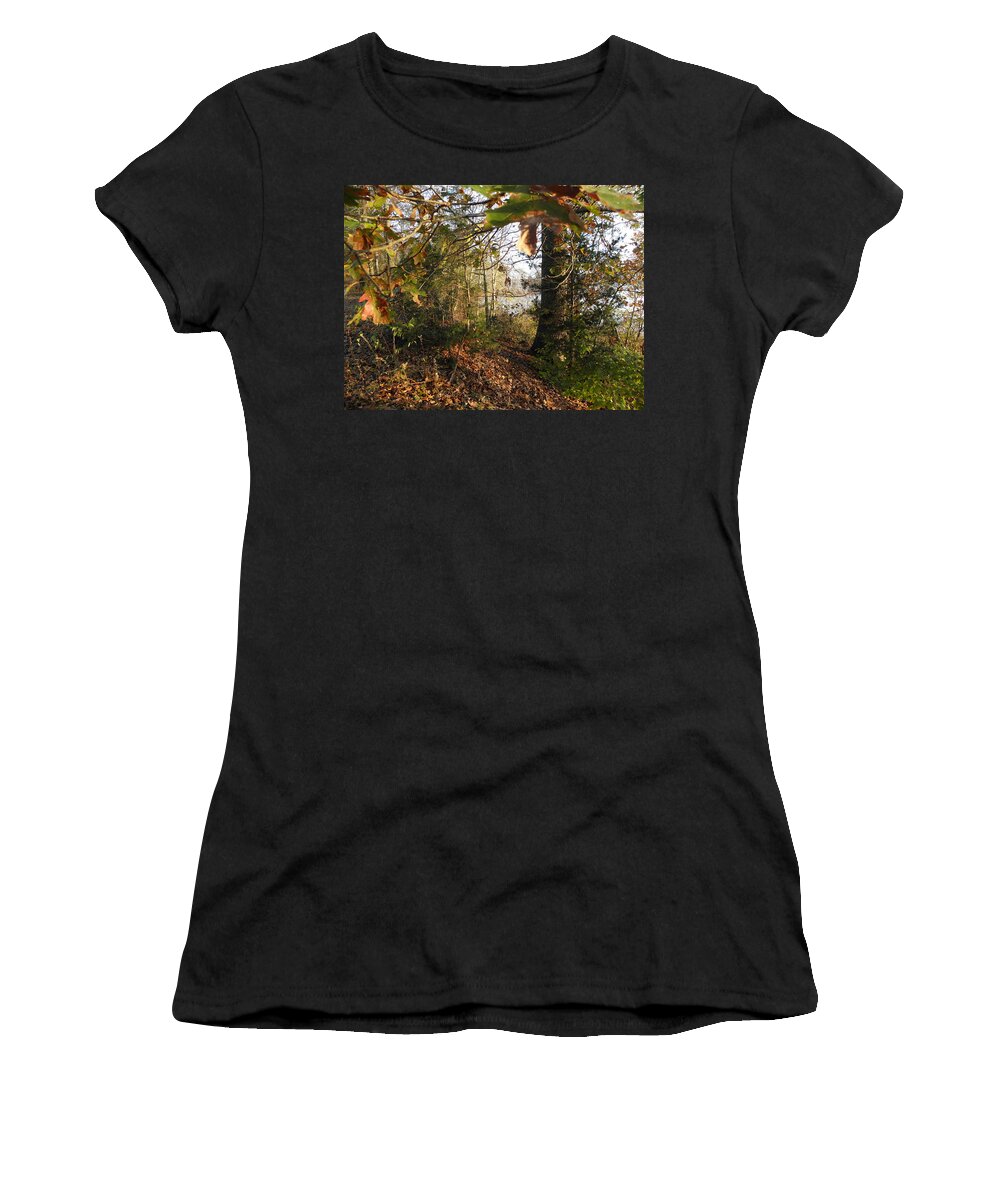 Scenic Women's T-Shirt featuring the photograph Scenic Fall Morning By The Lake by Kim Galluzzo