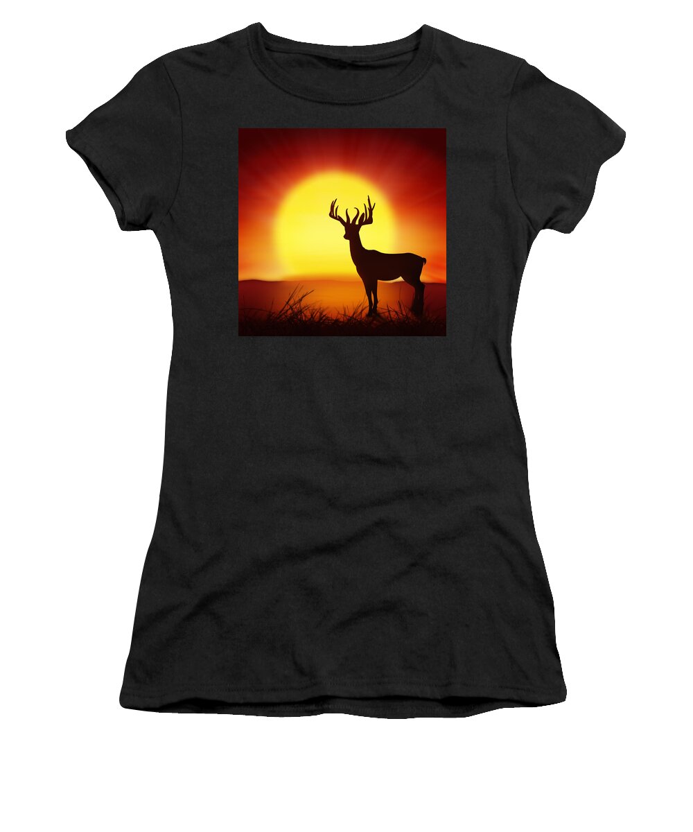 Animal Women's T-Shirt featuring the photograph Silhouette Of Deer With Big Sun by Setsiri Silapasuwanchai