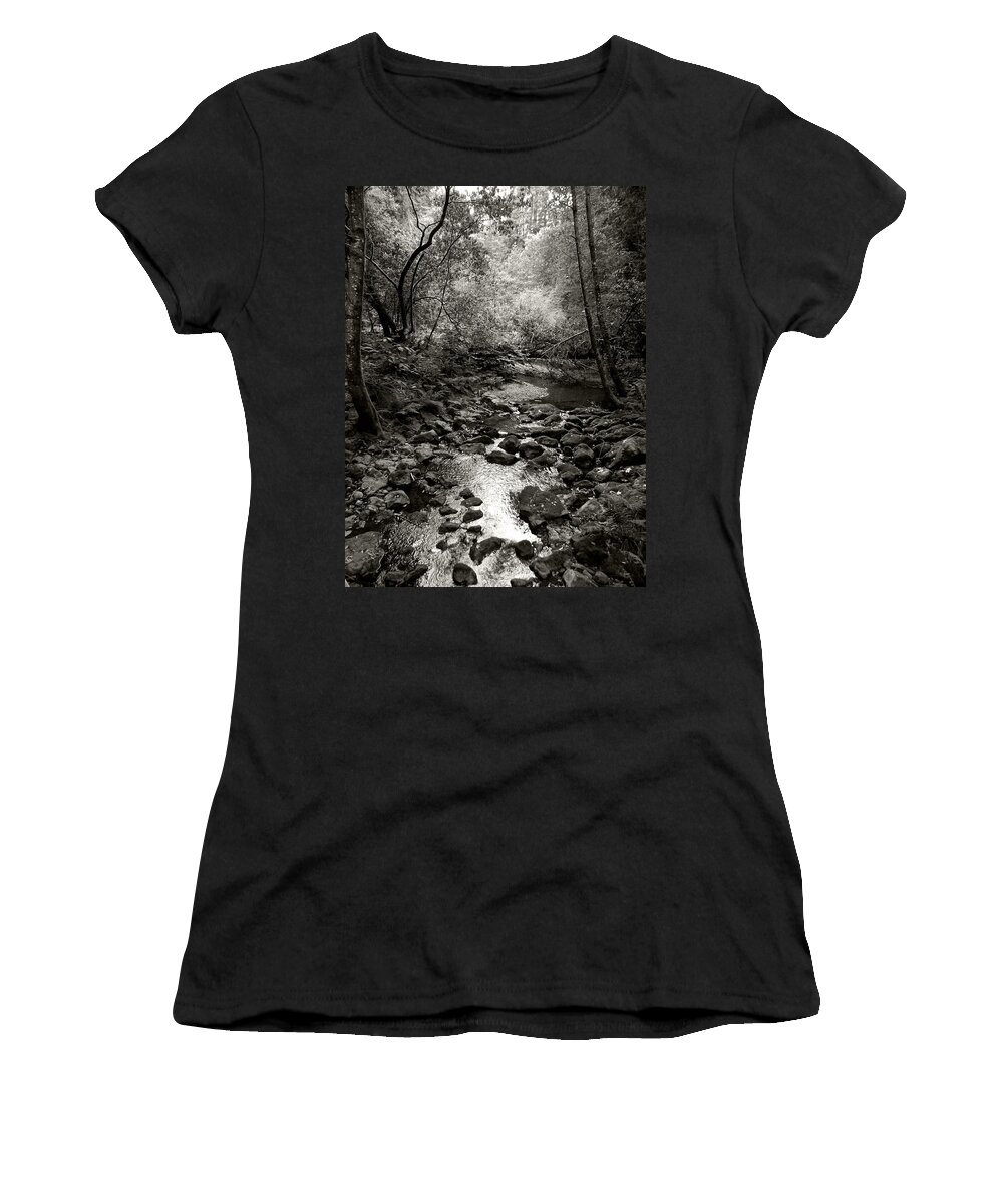 Creek Women's T-Shirt featuring the photograph Spring Creek III - black and white by Kathleen Grace