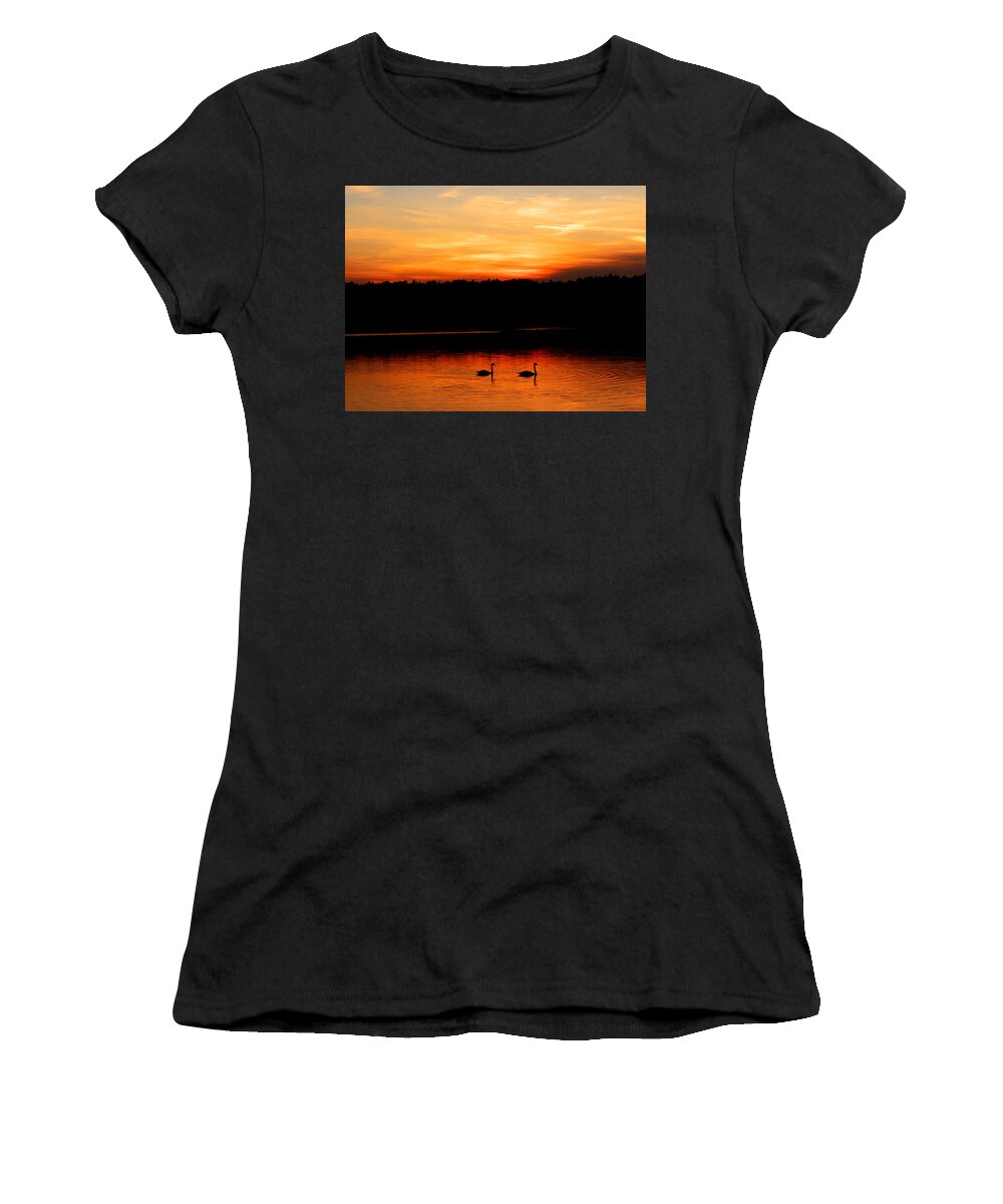 Swan Women's T-Shirt featuring the photograph Swans in the sunset by Ivan Slosar