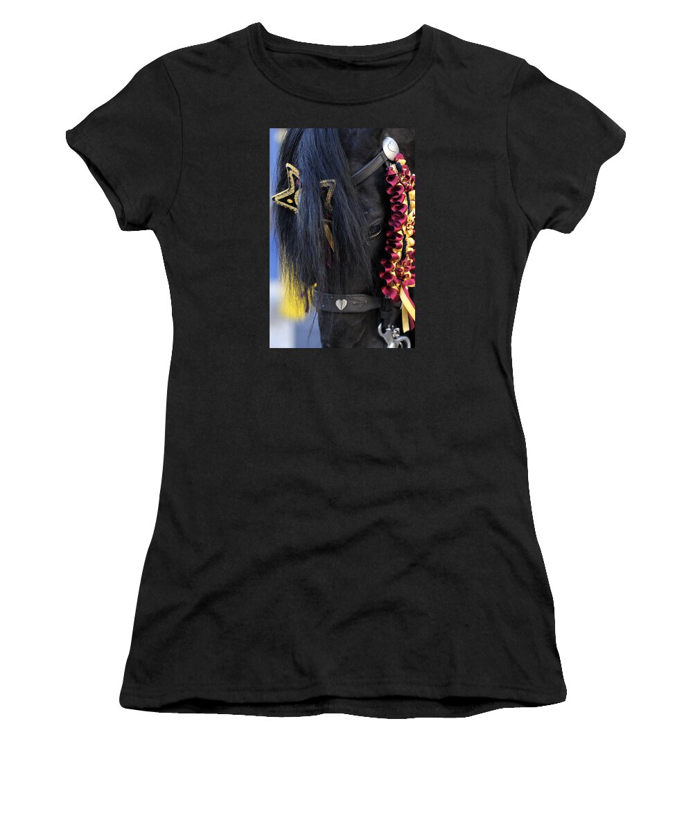 Animal Women's T-Shirt featuring the photograph sweetheart - a Menorca race horse with traditional multicolor ribbons and mirror star by Pedro Cardona Llambias