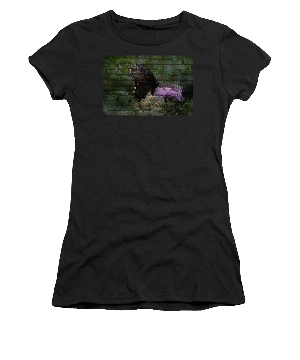 Butterfly Women's T-Shirt featuring the mixed media Thistle and Butterfly by Eric Liller