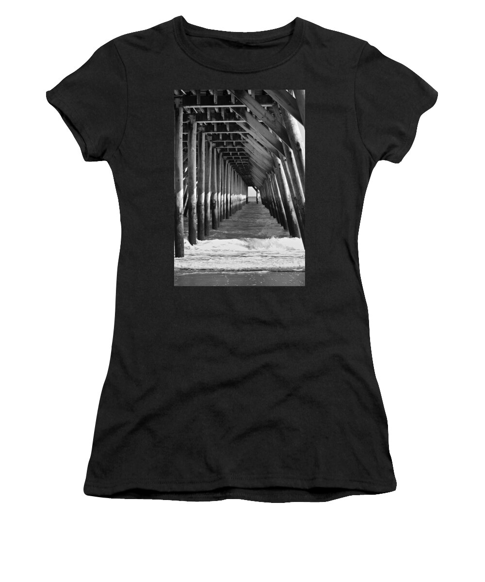 Sunlight Women's T-Shirt featuring the photograph Under the Pier BW by Teresa Mucha