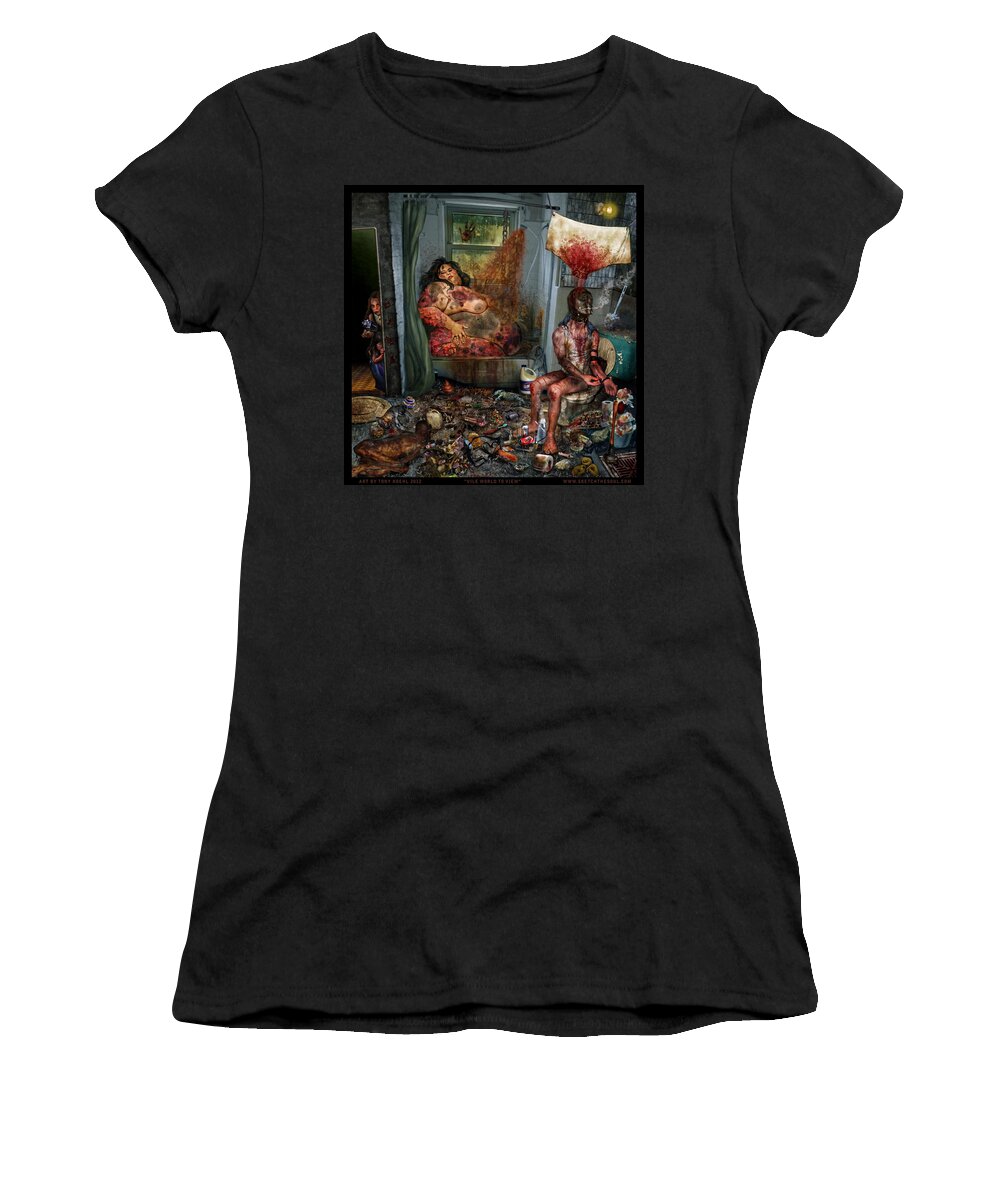 The Mung Women's T-Shirt featuring the mixed media Vile World to View by Tony Koehl