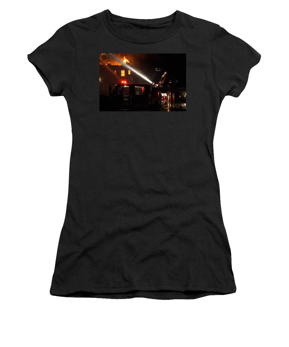 Fire Women's T-Shirt featuring the photograph Water On The Fire From Pumper Truck by Daniel Reed