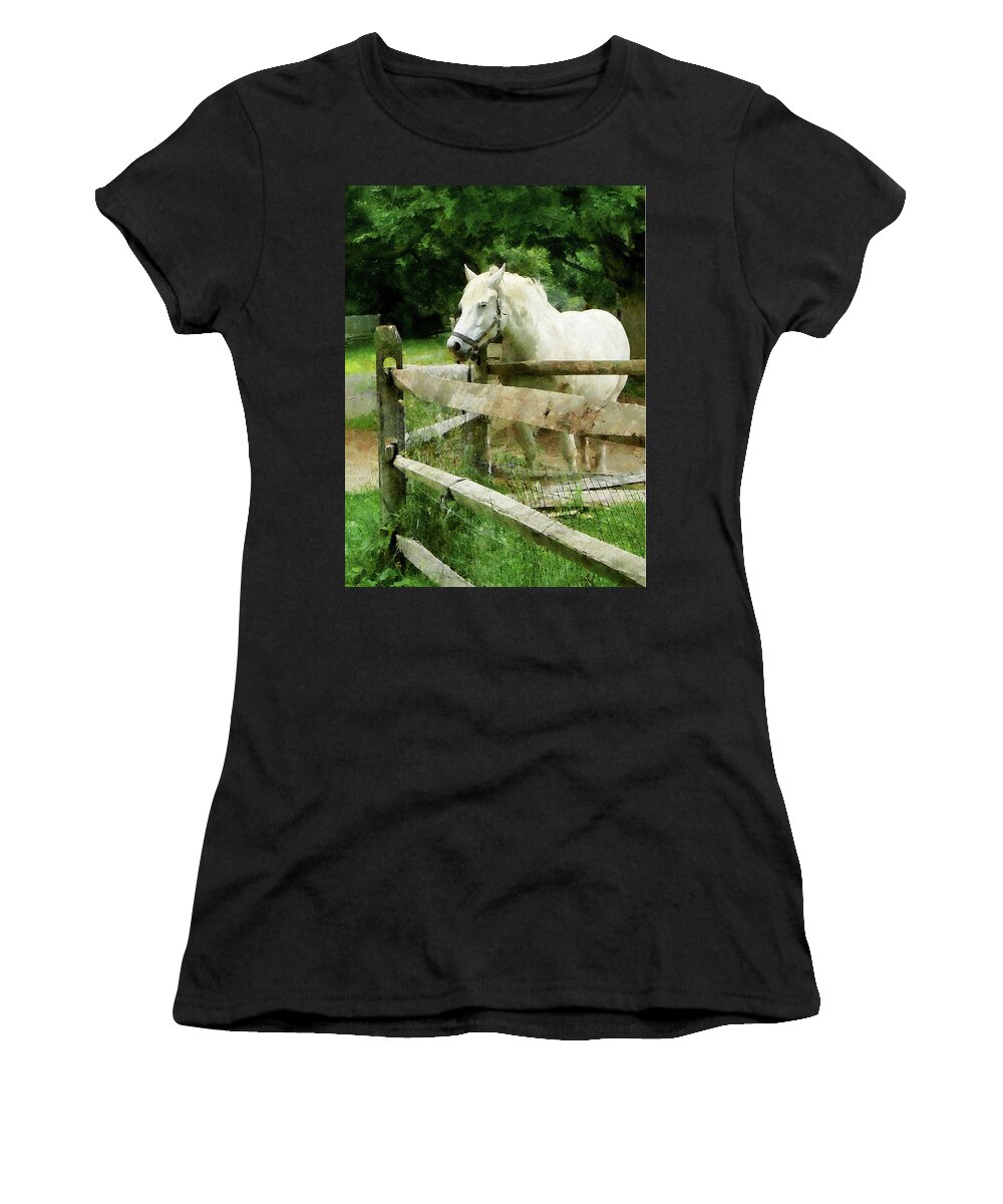 Horse Women's T-Shirt featuring the photograph White Horse in Paddock by Susan Savad