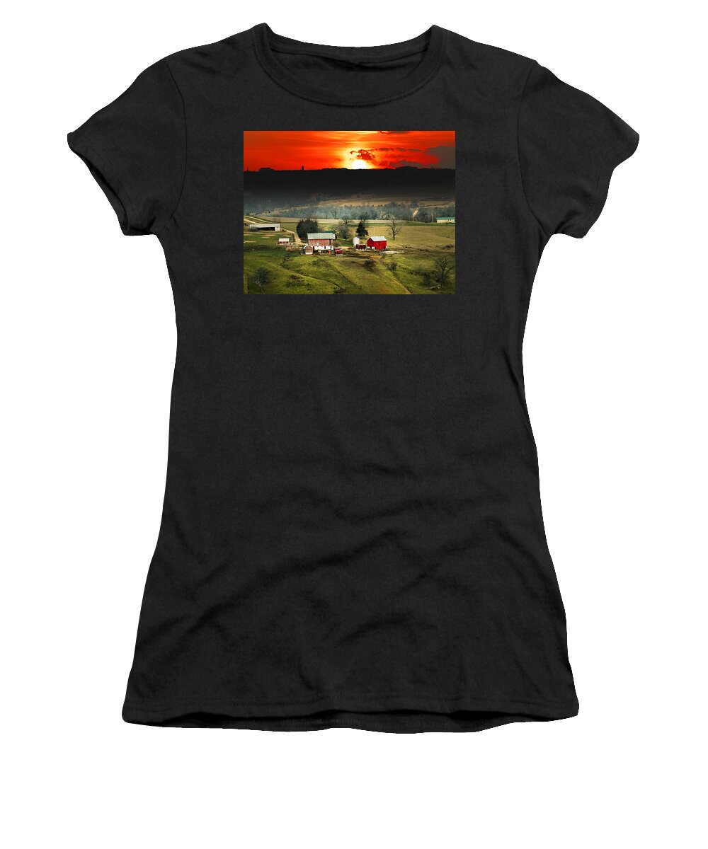 Wisconsin Farm Red Sunset Women's T-Shirt featuring the photograph Wisconsin Farm by Randall Branham