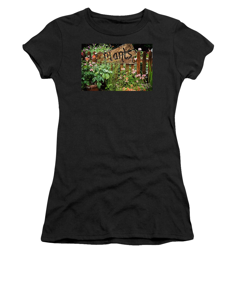 Plants Women's T-Shirt featuring the photograph Wooden plant sign in flowers by Simon Bratt