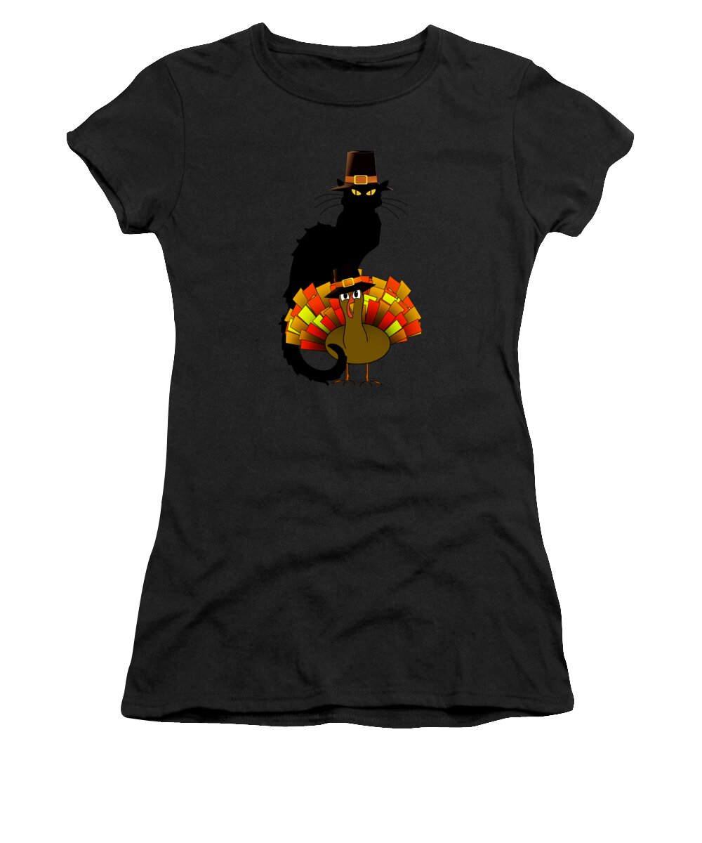 Thanksgiving Women's T-Shirt featuring the digital art Thanksgiving Le Chat Noir With Turkey Pilgrim by Gravityx9 Designs