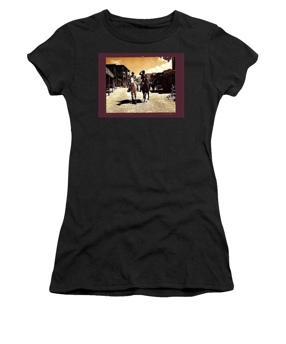 Film Homage Mark Slade Cameron Mitchell Riding Horses The High Chaparral Old Tucson Arizona Women's T-Shirt featuring the photograph Film Homage Mark Slade Cameron Mitchell Riding Horses The High Chaparral Old Tucson AZ 1967-2008 by David Lee Guss