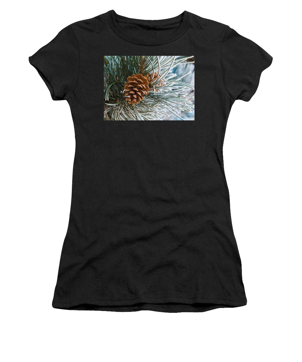 Christmas Women's T-Shirt featuring the photograph Frosty Pine Needles and Pine Cones #1 by Dawn Key