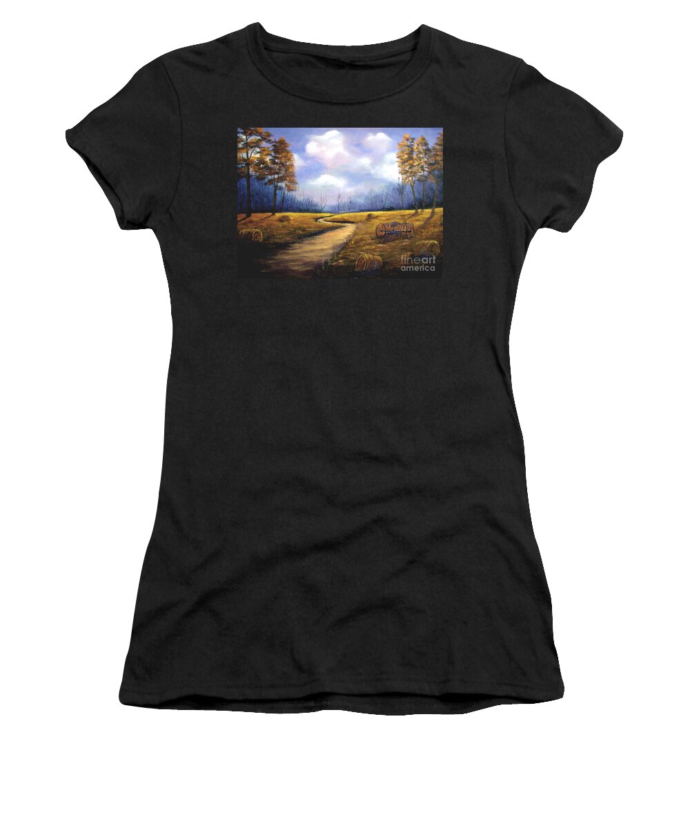 Landscape Women's T-Shirt featuring the painting Hayfield by Jerry Walker