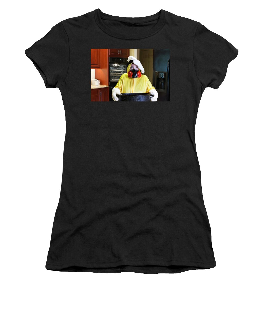 Burning Women's T-Shirt featuring the photograph Kitchen disaster with HazMat suit #1 by Karen Foley