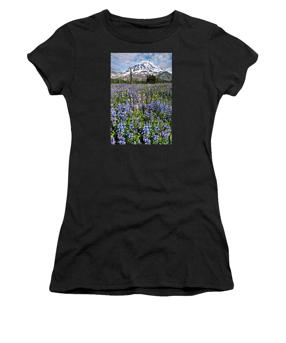 Alpine Women's T-Shirt featuring the photograph Meadow of Lupine Near Mount Rainier #1 by Jeff Goulden