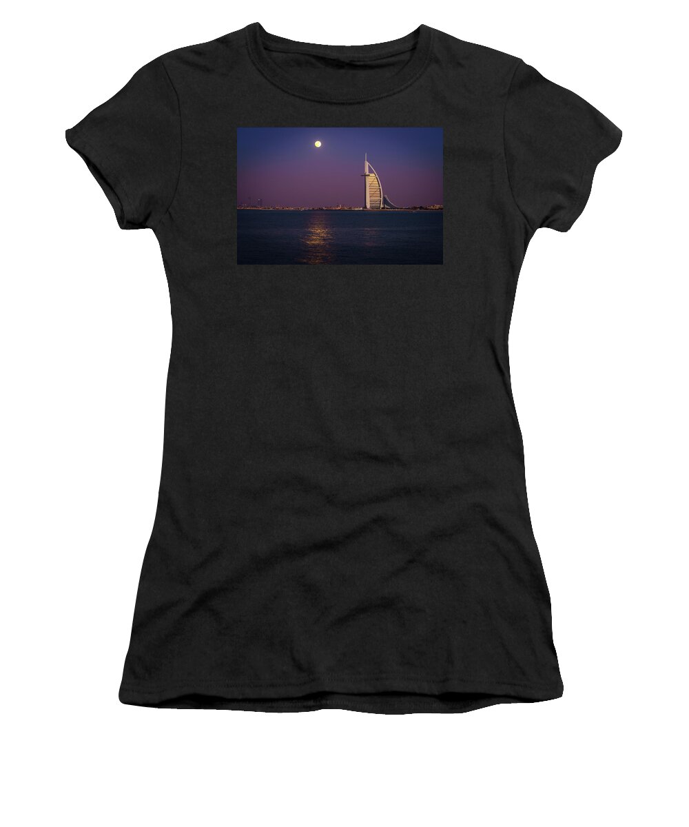 Burj Al Arab Women's T-Shirt featuring the photograph Moonrise over Burj Al Arab #1 by Alexey Stiop