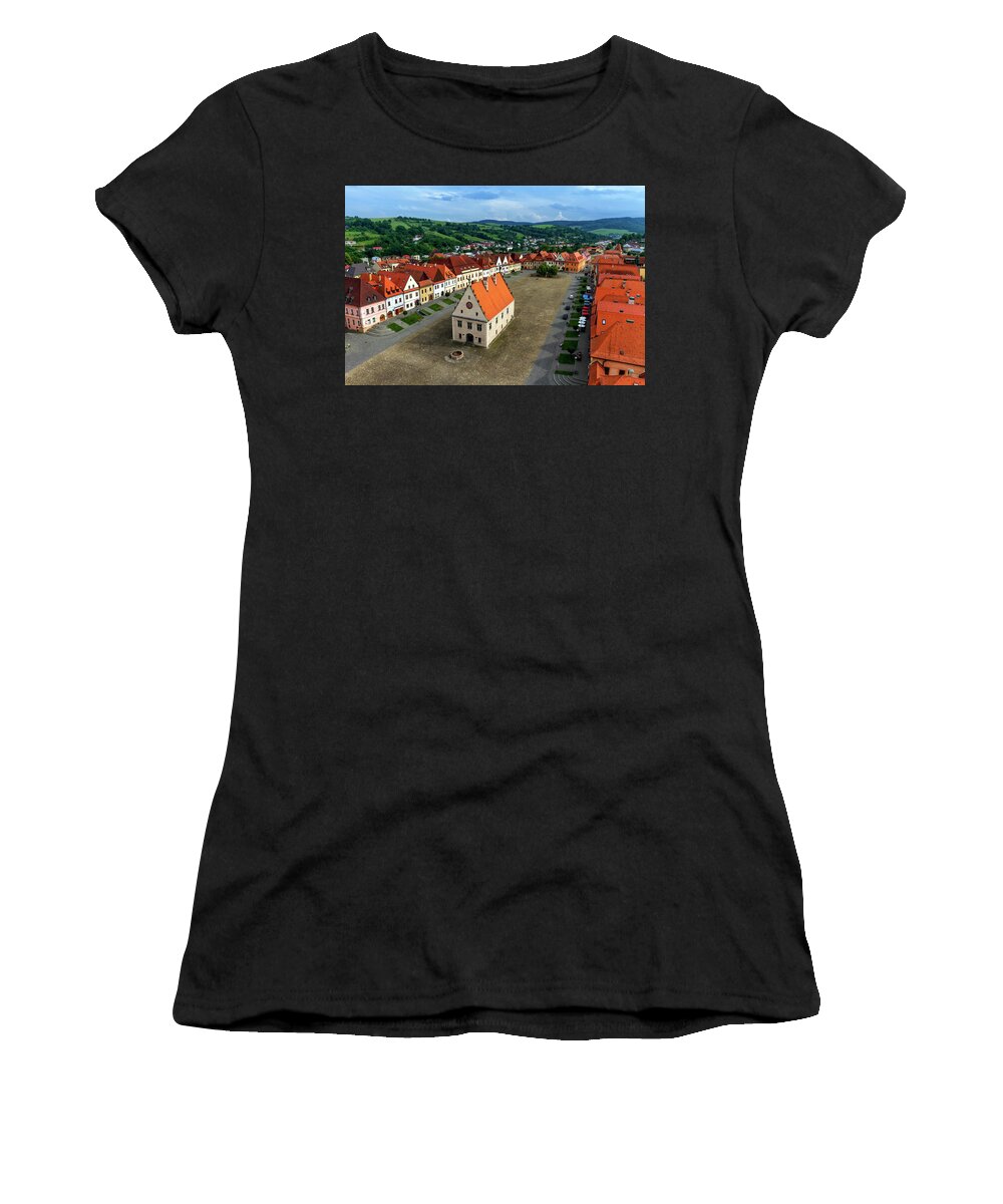 Town Women's T-Shirt featuring the photograph Old town square in Bardejov, Slovakia #1 by Elenarts - Elena Duvernay photo