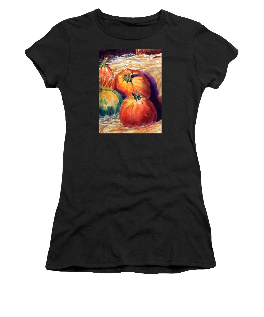 Pumpkins Women's T-Shirt featuring the painting Pumpkins In Barn #2 by Hilda Vandergriff