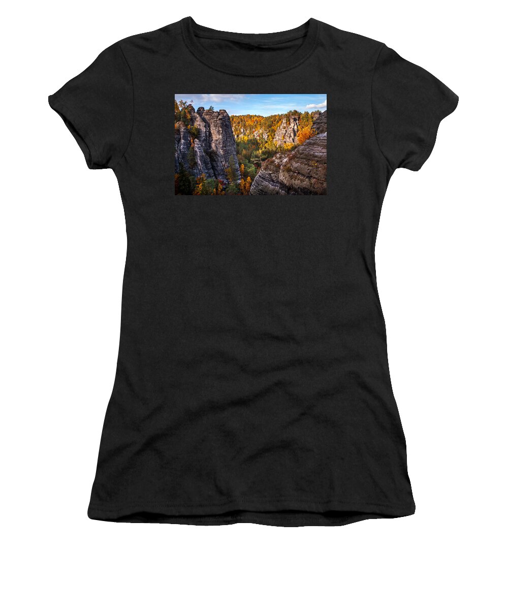 Saxon Switzerland Women's T-Shirt featuring the photograph Rocks of Saxon Switzerland #1 by Jenny Rainbow