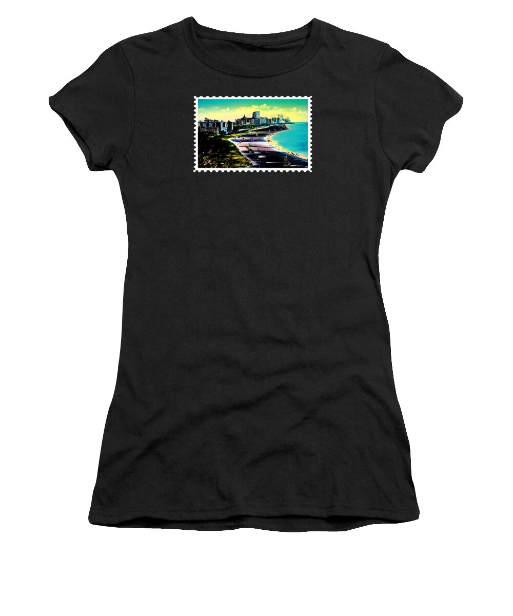 Florida Miami Beach Miami+beach Ocean Hotels Condos Buildings Surreal Unusual Fantasy Women's T-Shirt featuring the painting Surreal Colors of Miami Beach Florida #2 by Elaine Plesser