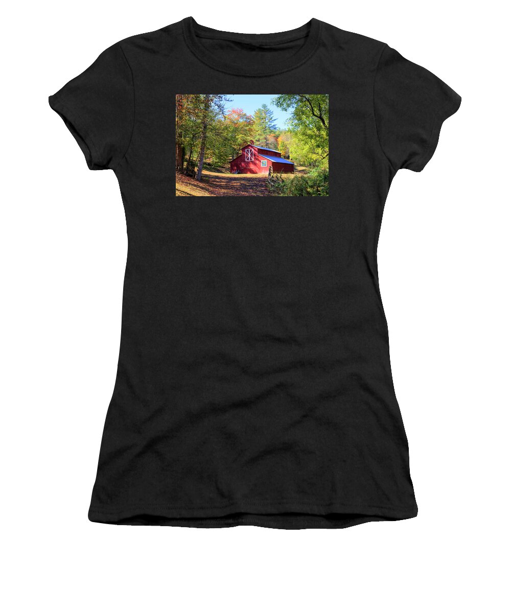 Red Barn Women's T-Shirt featuring the photograph Red Quilt Barn In The Fall by Lorraine Baum