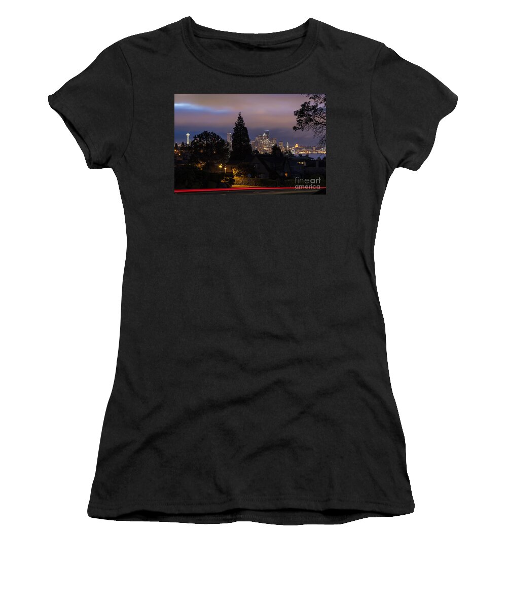 Magnolia Bluff Women's T-Shirt featuring the photograph Seattle Skyline from Magnolia Bluff sunrise #5 by Jim Corwin