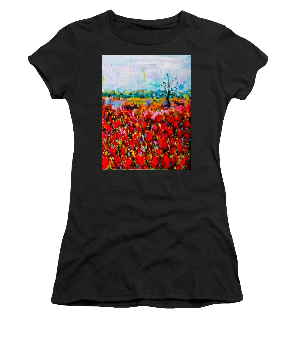 Landscape Women's T-Shirt featuring the painting A Field of Flowers # 2 by Maxim Komissarchik