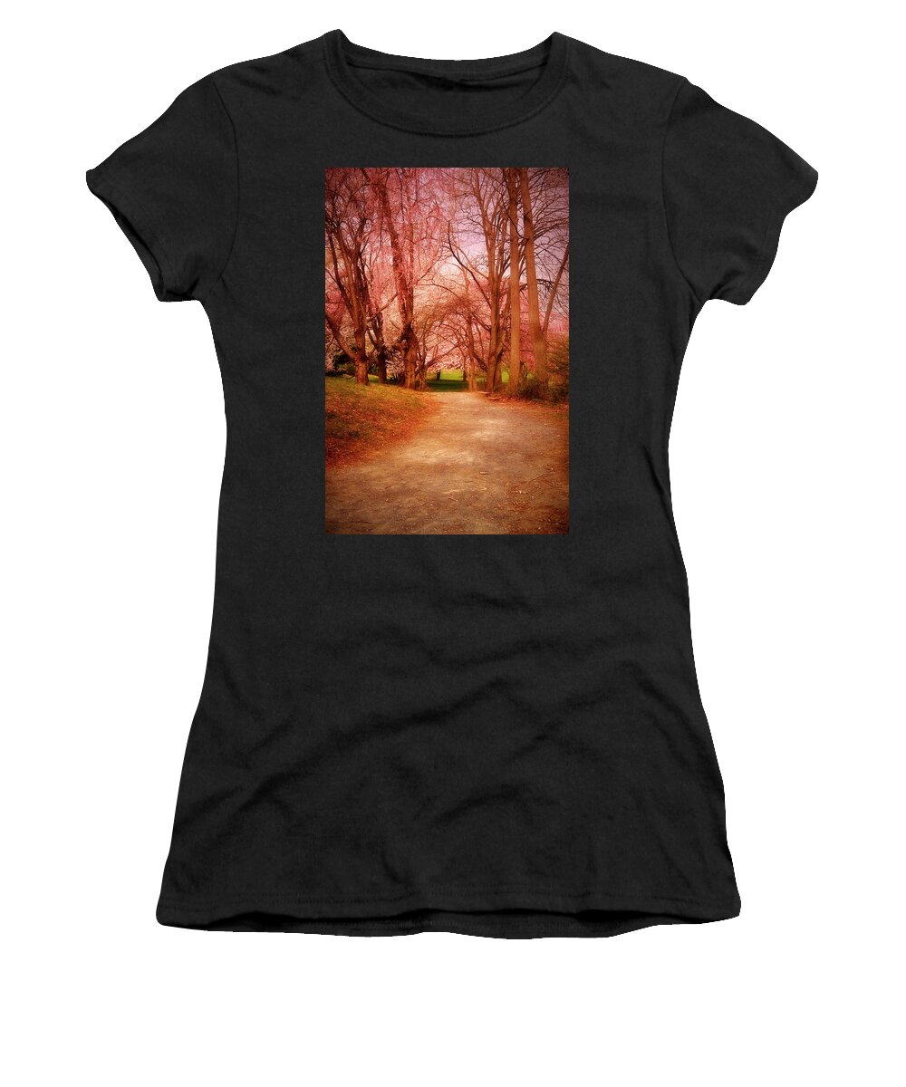 Cherry Blossom Trees Women's T-Shirt featuring the photograph A Path To Fantasy - Holmdel Park by Angie Tirado