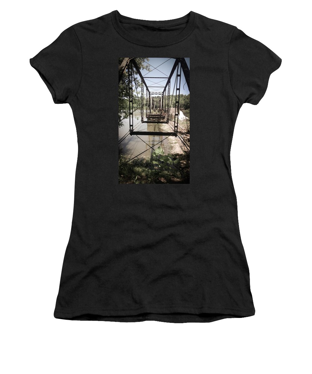 Kelly Hazel Women's T-Shirt featuring the photograph Abandoned Railroad Trestle Bridge Study in Perspective by Kelly Hazel