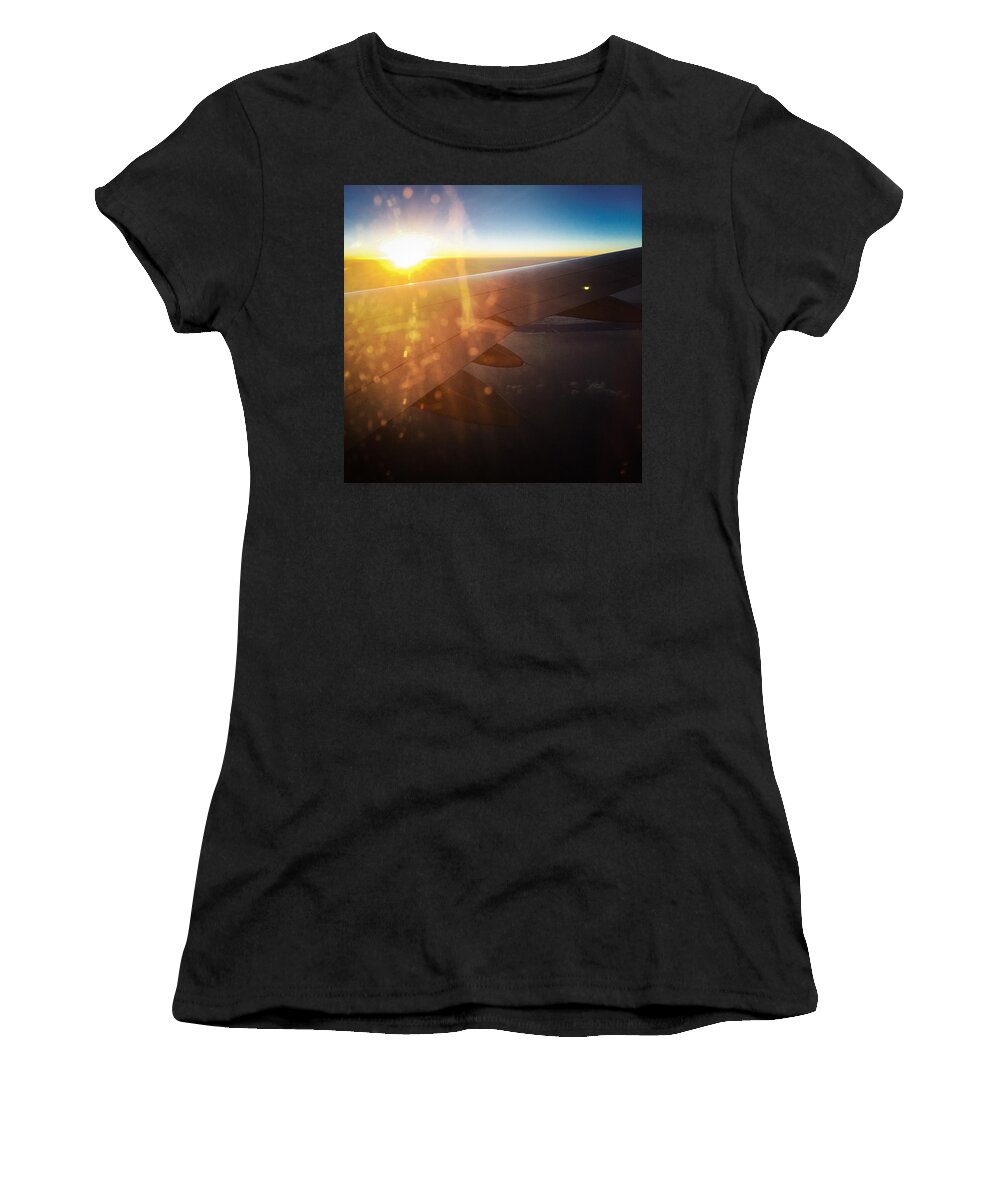 Plane Women's T-Shirt featuring the photograph Above the clouds 03 warm sunlight by Matthias Hauser